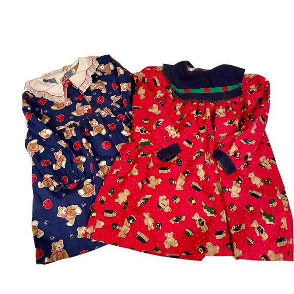Little Bitty Thomas Girls Vintage Babydoll Dress Set of 2 Red Blue Bear Print Co - Picture 1 of 16